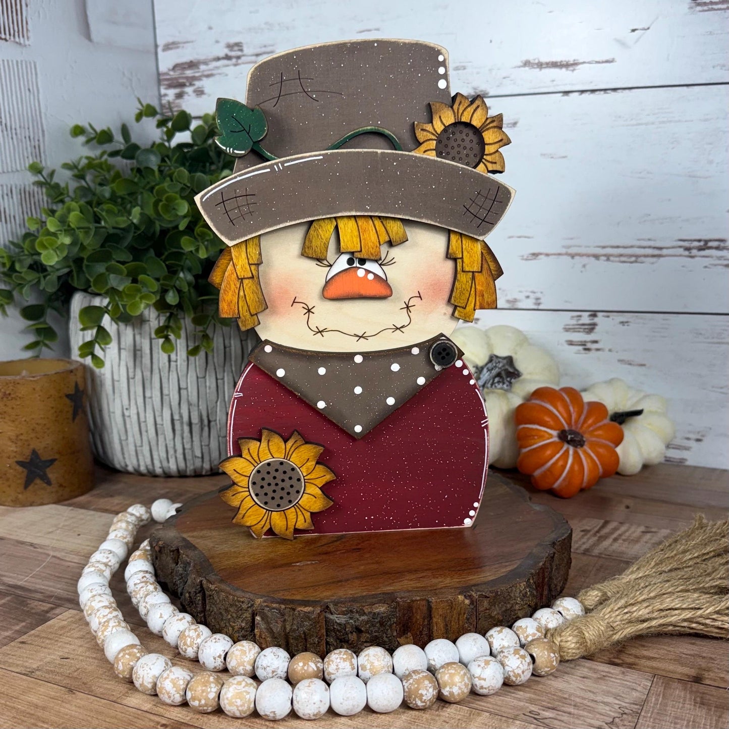 Charming Chunky Wooden Girl Scarecrow Shelf Sitter for Fall Farmhouse Vibes