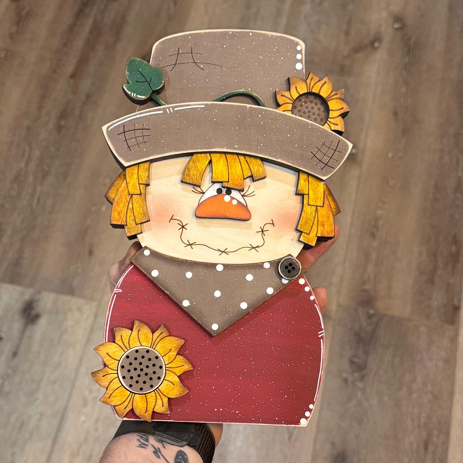Charming Chunky Wooden Girl Scarecrow Shelf Sitter for Fall Farmhouse Vibes
