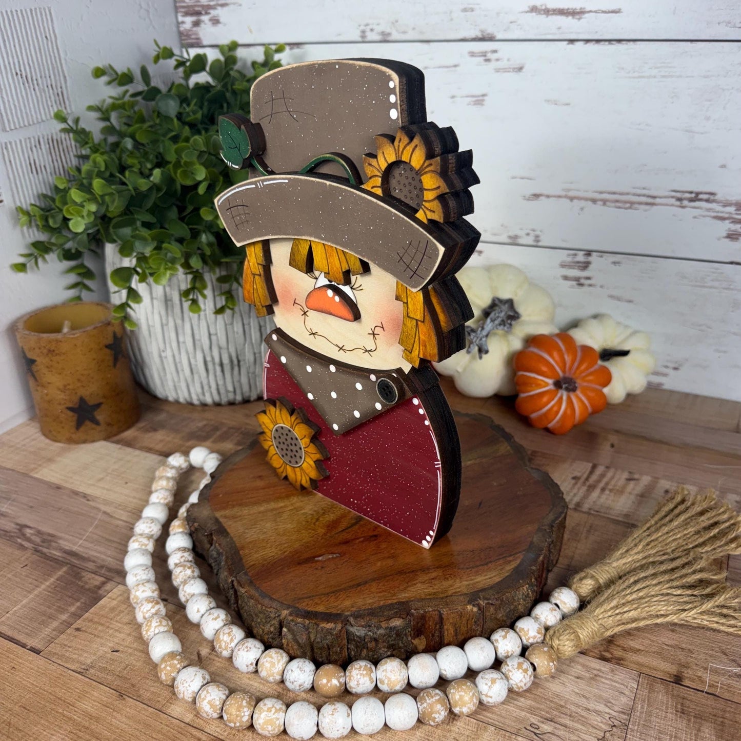 Charming Chunky Wooden Girl Scarecrow Shelf Sitter for Fall Farmhouse Vibes