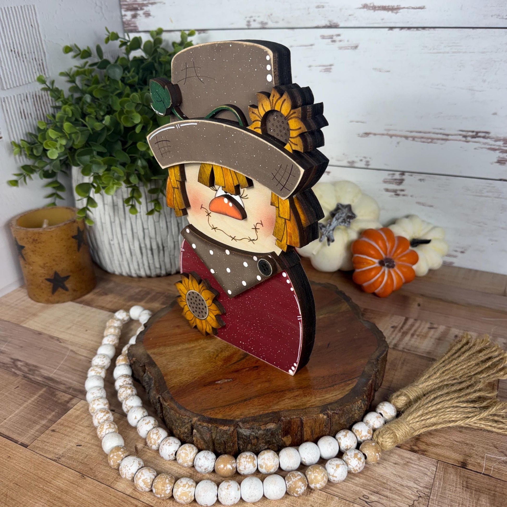 Charming Chunky Wooden Girl Scarecrow Shelf Sitter for Fall Farmhouse Vibes