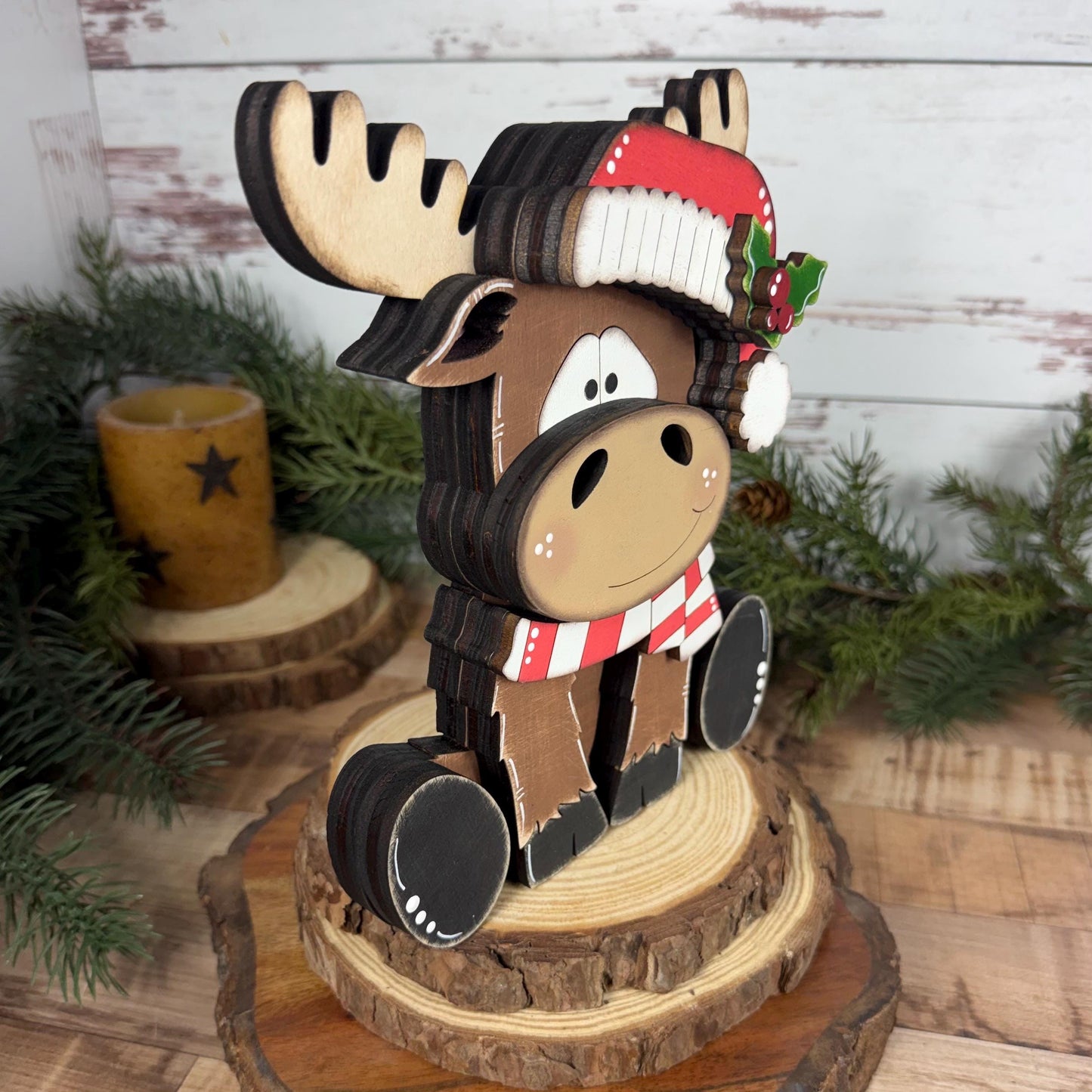 Chunky Hand-Painted Wooden Christmas Moose Shelf Sitter, Rustic Holiday Decor