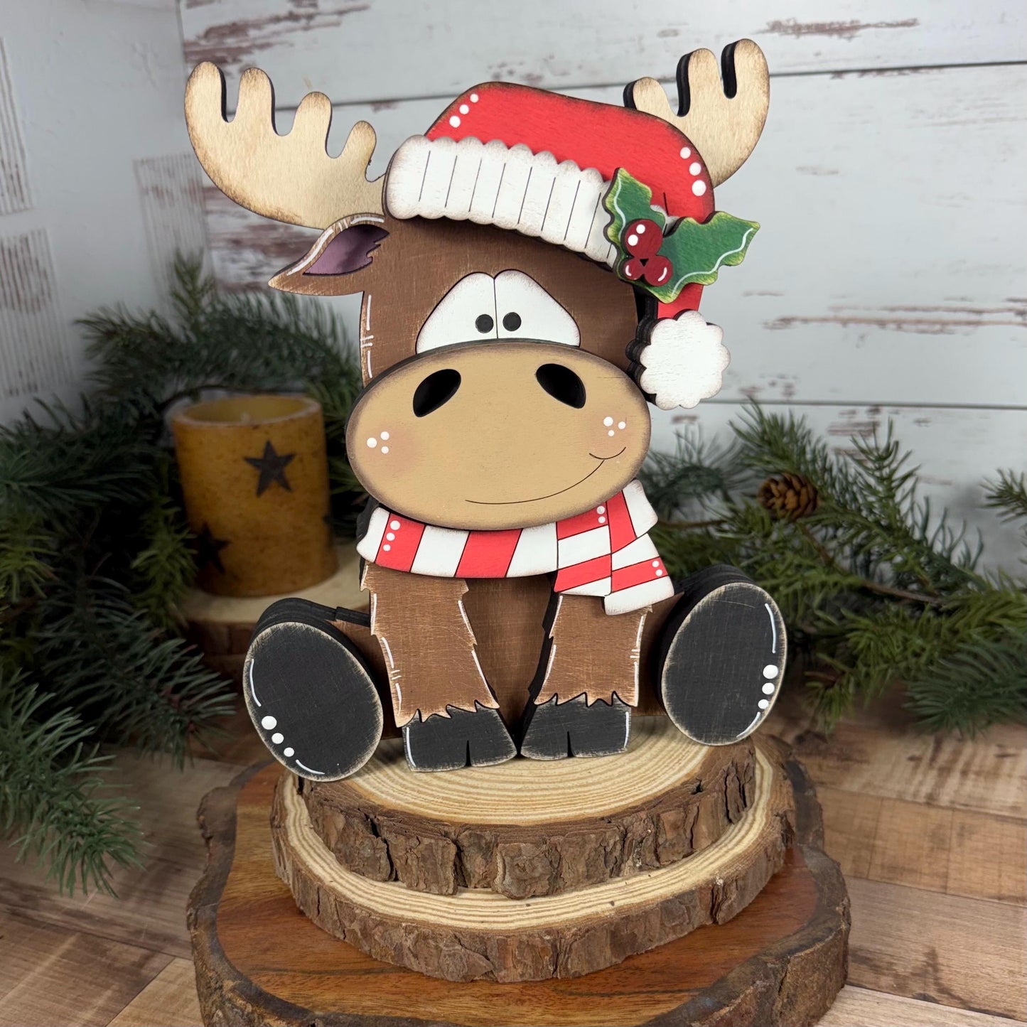 Chunky Hand-Painted Wooden Christmas Moose Shelf Sitter, Rustic Holiday Decor