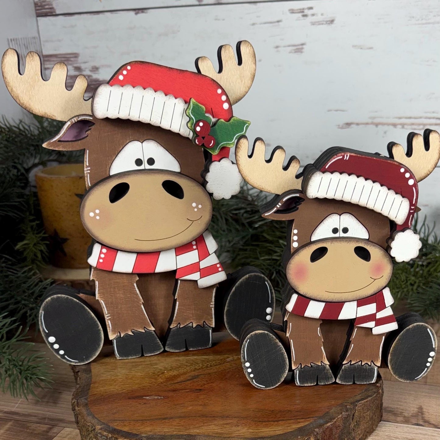 Chunky Hand-Painted Wooden Christmas Moose Shelf Sitter, Rustic Holiday Decor