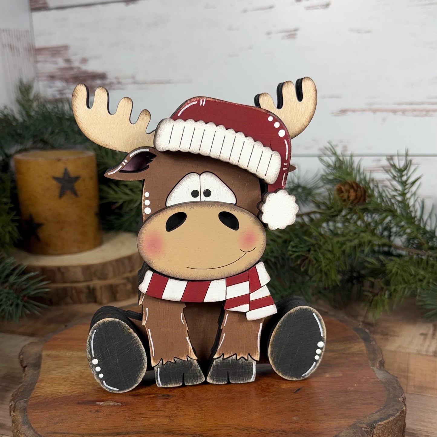 Chunky Hand-Painted Wooden Christmas Moose Shelf Sitter, Rustic Holiday Decor