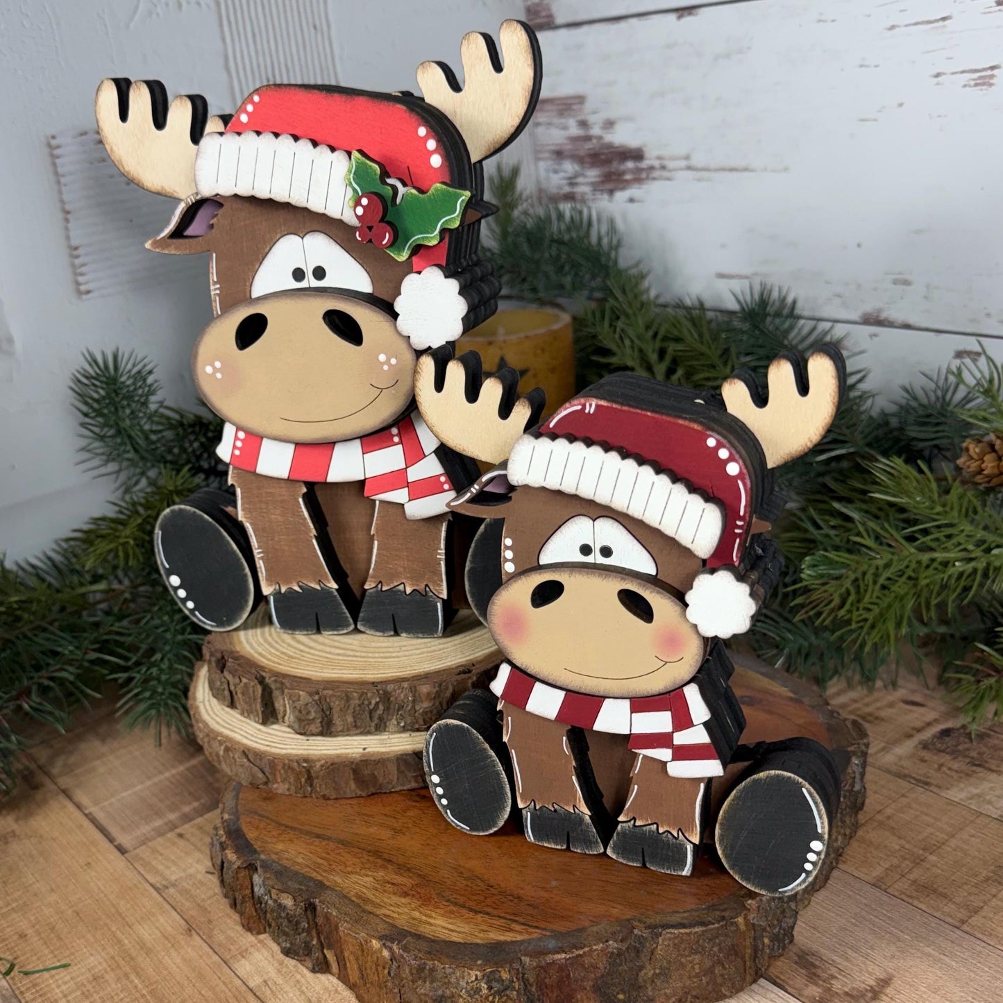 Chunky Hand-Painted Wooden Christmas Moose Shelf Sitter, Rustic Holiday Decor
