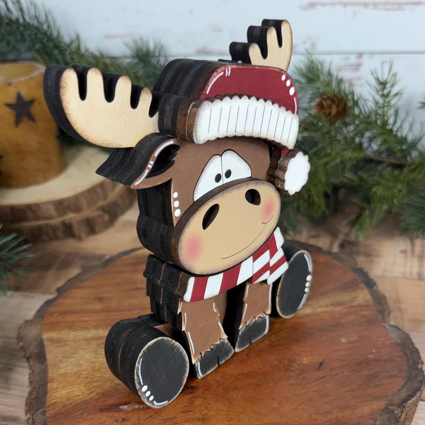 Chunky Hand-Painted Wooden Christmas Moose Shelf Sitter, Rustic Holiday Decor