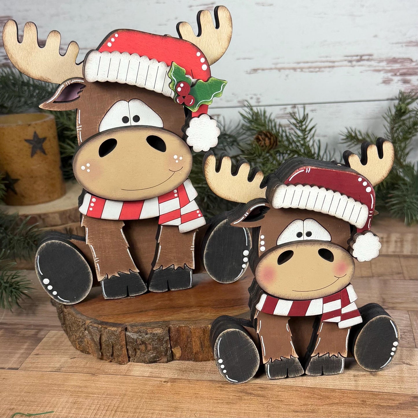 Chunky Hand-Painted Wooden Christmas Moose Shelf Sitter, Rustic Holiday Decor