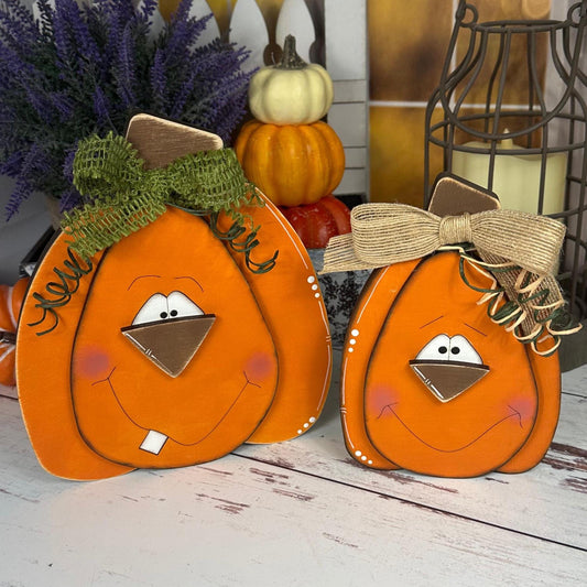 Hand-Painted Wooden Pumpkins with Faces – Rustic Fall Shelf Decor