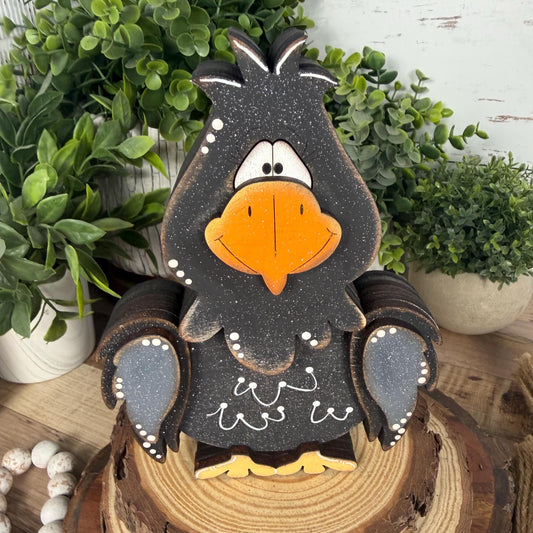 Hand Painted Raven Shelf Sitter, Whimsical Wooden Crow Bird Decor