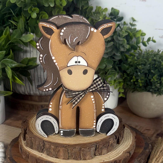 Hand painted chunky wooden horse shelf sitter with brown mane, horseshoes and black gingham bow, rustic western decor