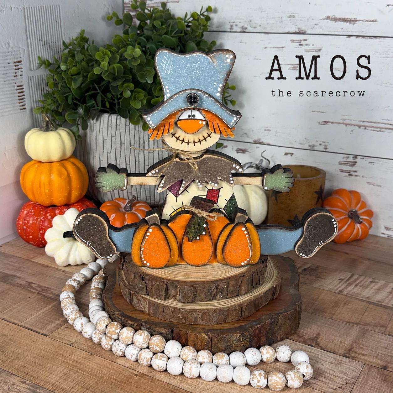Handmade Wooden Scarecrow Shelf Sitter with Pumpkins, Rustic Fall Decor