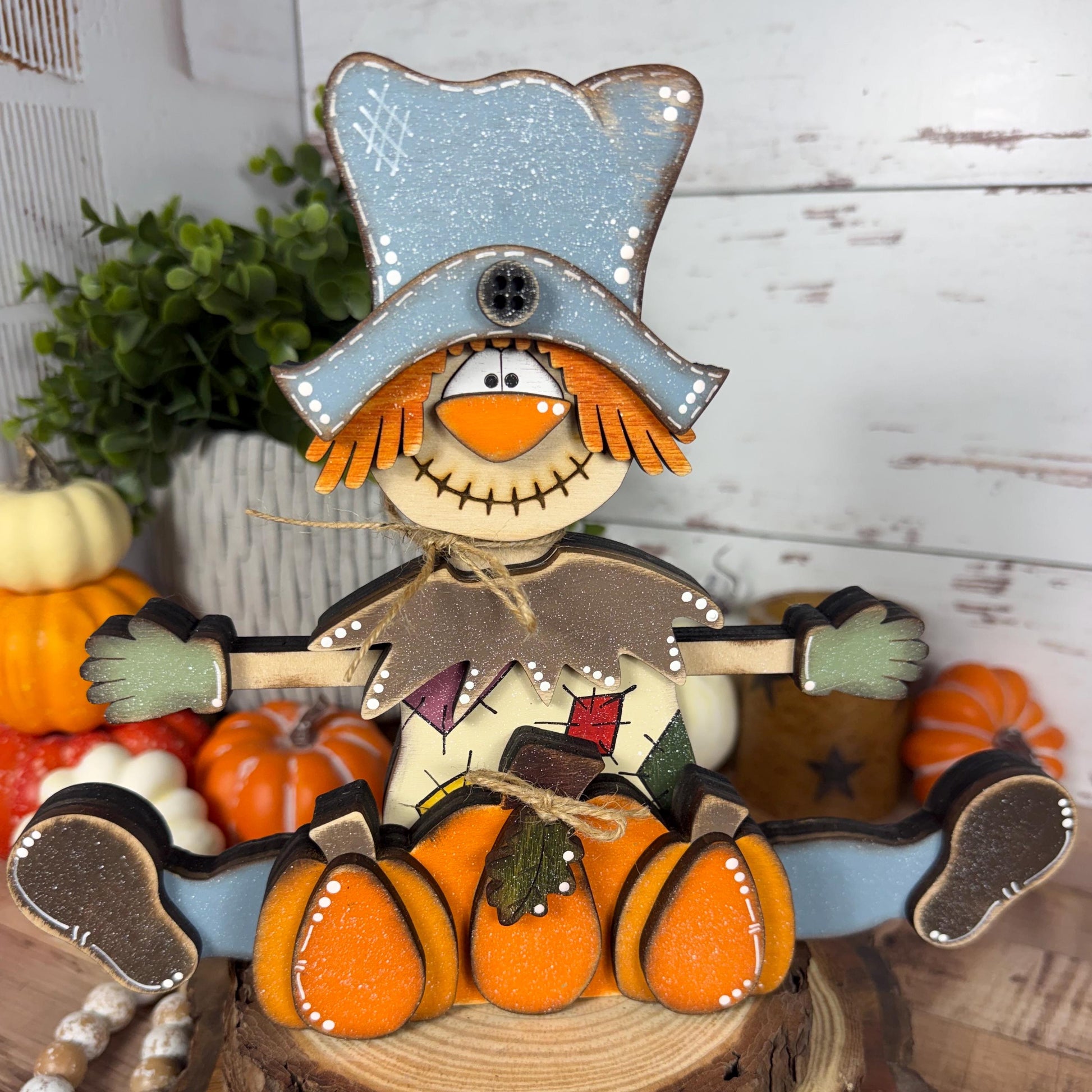 Handmade Wooden Scarecrow Shelf Sitter with Pumpkins, Rustic Fall Decor