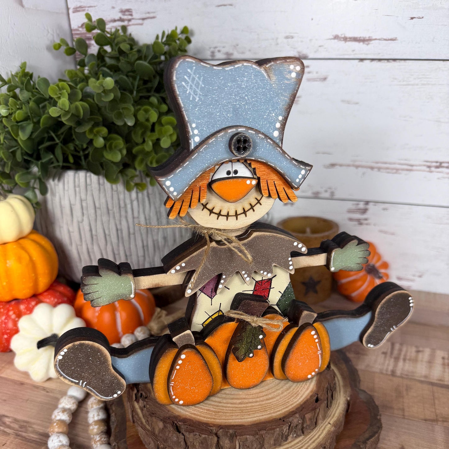 Handmade Wooden Scarecrow Shelf Sitter with Pumpkins, Rustic Fall Decor