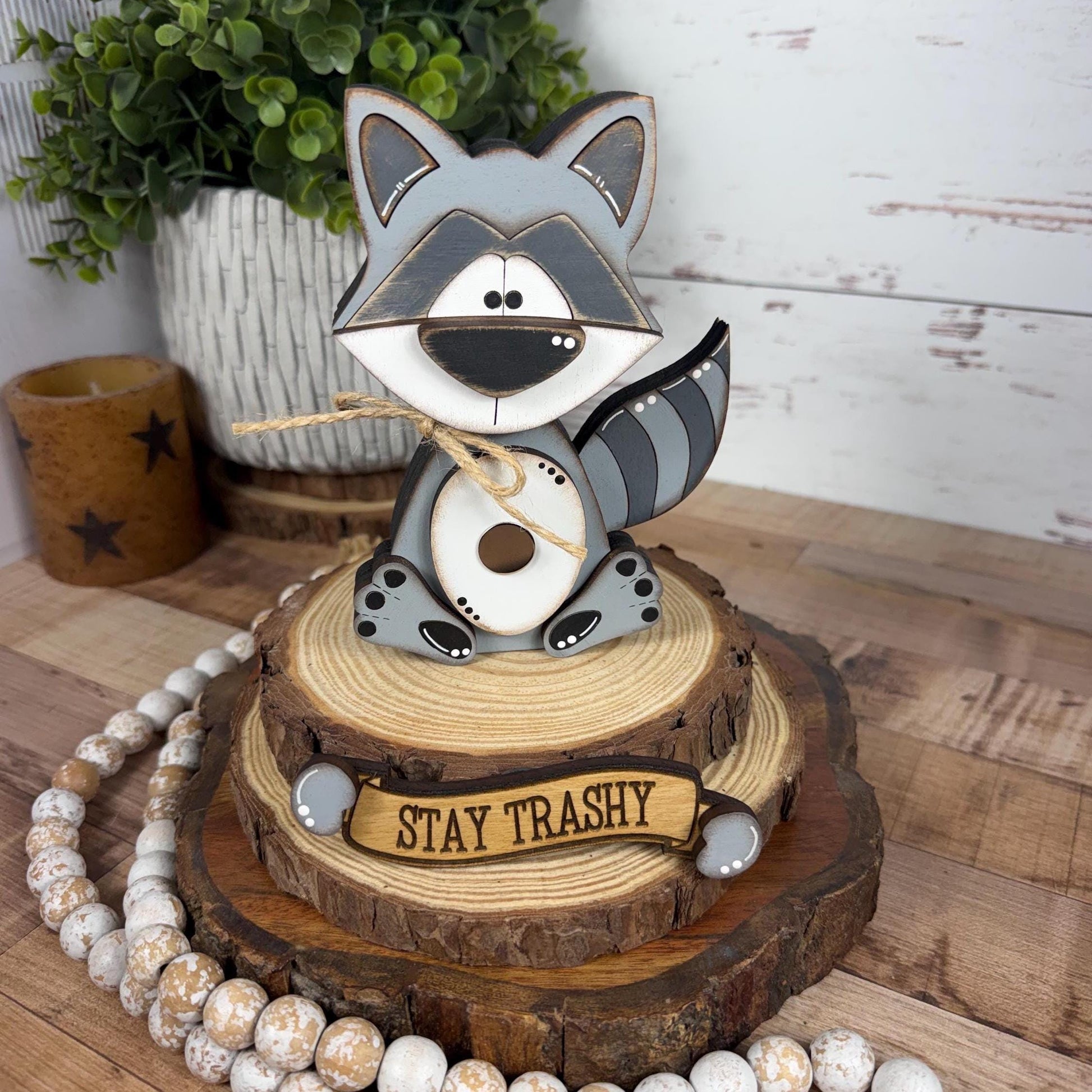 Interchangeable Raccoon Shelf Sitter, Hand Painted Wooden Woodland Decor