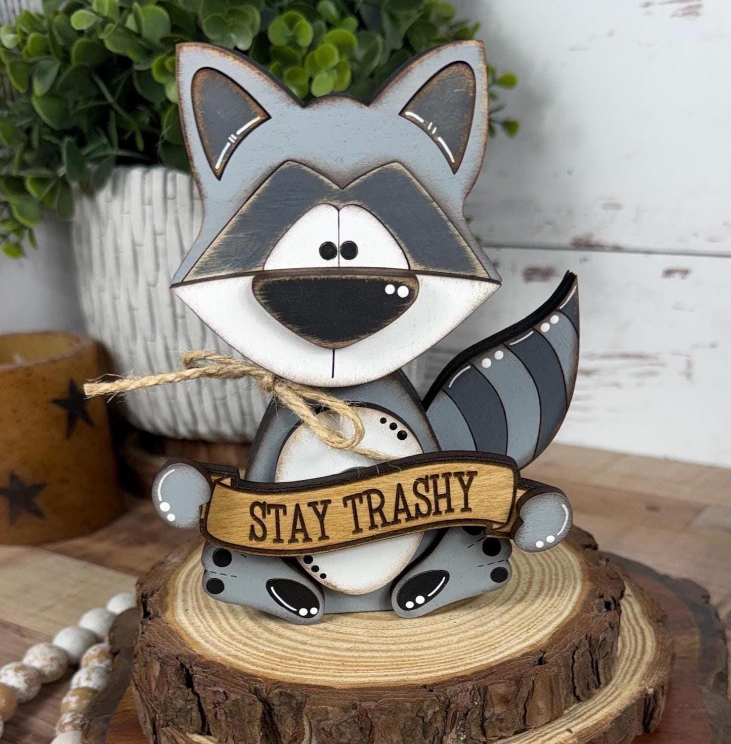 Interchangeable Raccoon Shelf Sitter, Hand Painted Wooden Woodland Decor