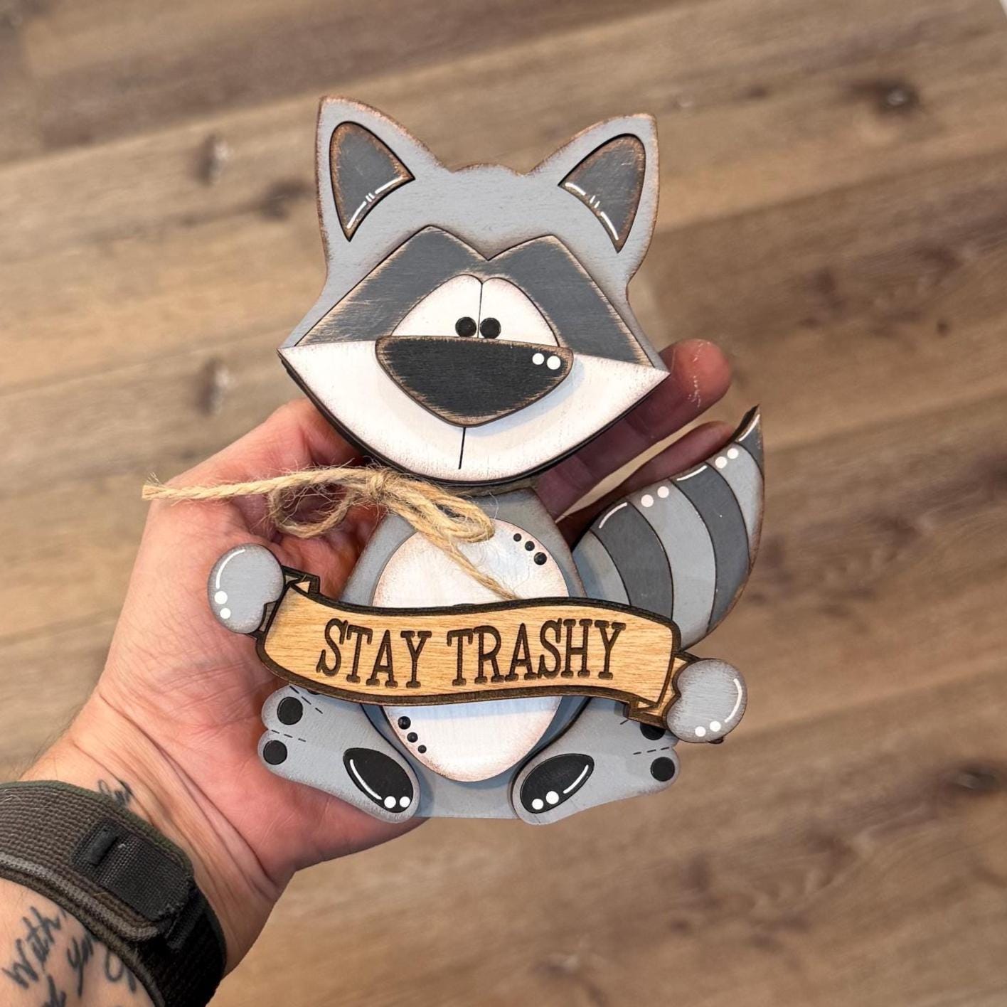 Interchangeable Raccoon Shelf Sitter, Hand Painted Wooden Woodland Decor