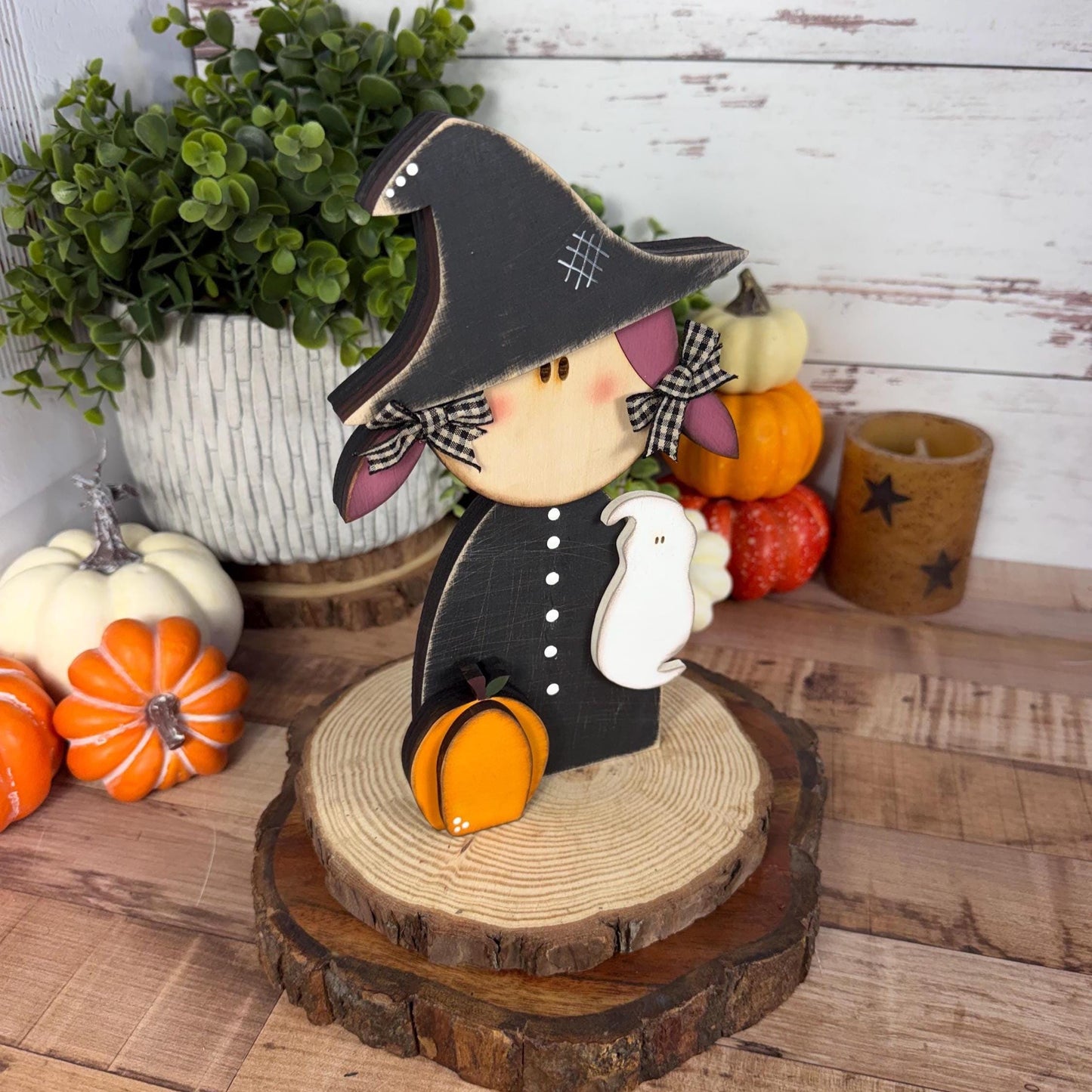Hand Painted Witch Shelf Sitter, Chunky Wooden Halloween Decor, Rustic Witch Figurine