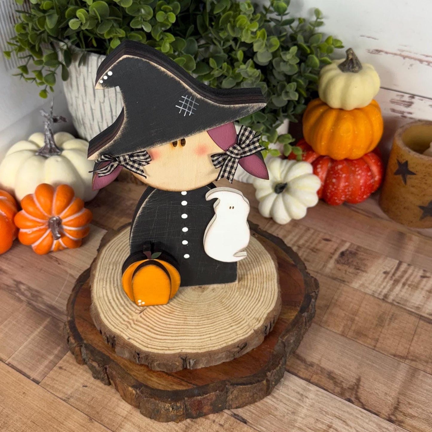 Hand Painted Witch Shelf Sitter, Chunky Wooden Halloween Decor, Rustic Witch Figurine