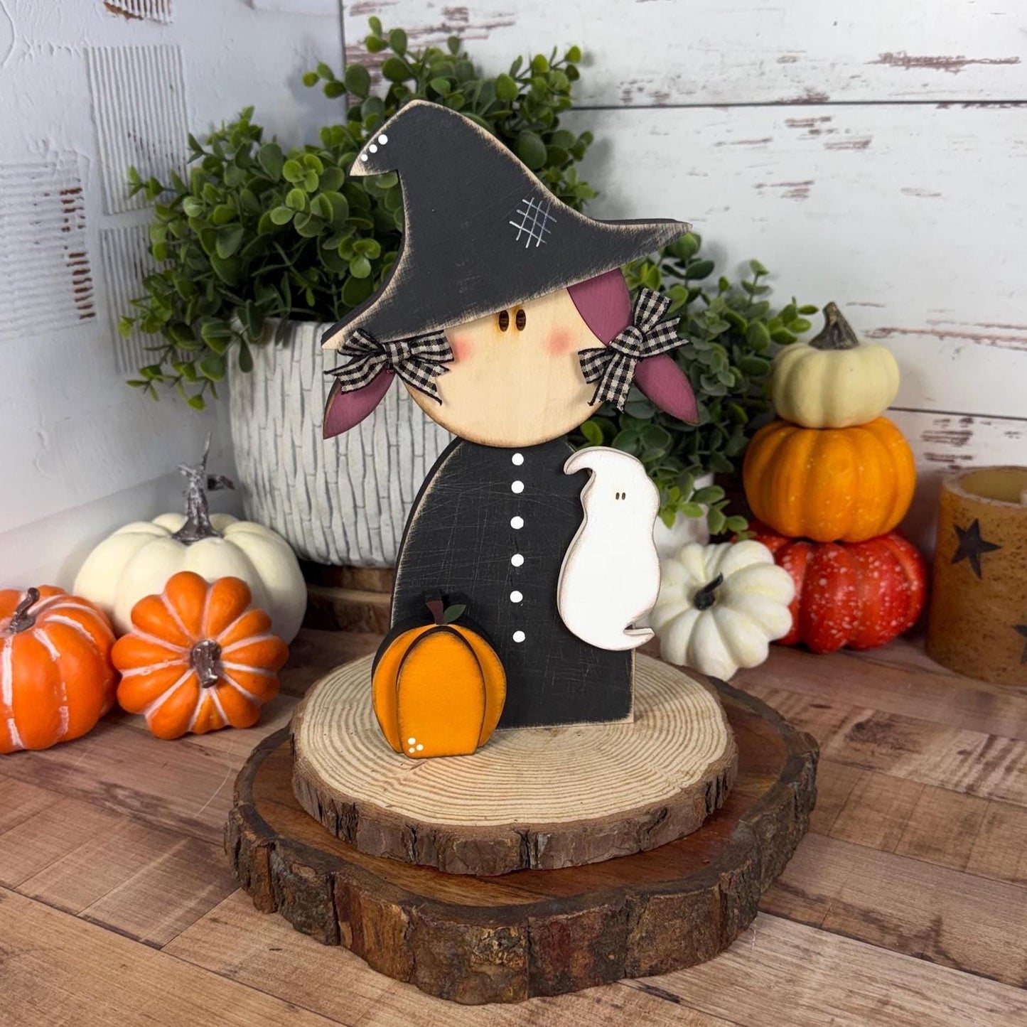 Hand Painted Witch Shelf Sitter, Chunky Wooden Halloween Decor, Rustic Witch Figurine