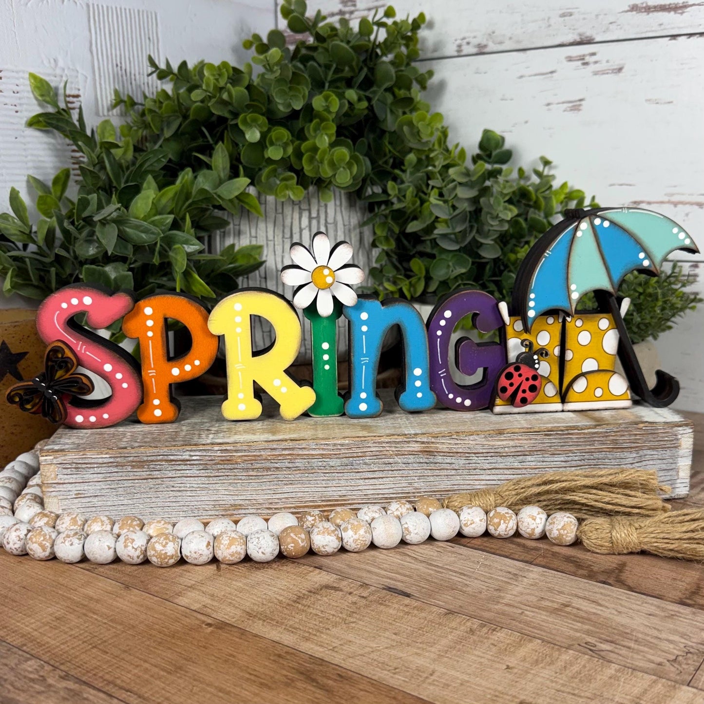 Spring Wooden Shelf Sitter – Hand-Painted Layered Spring Decor