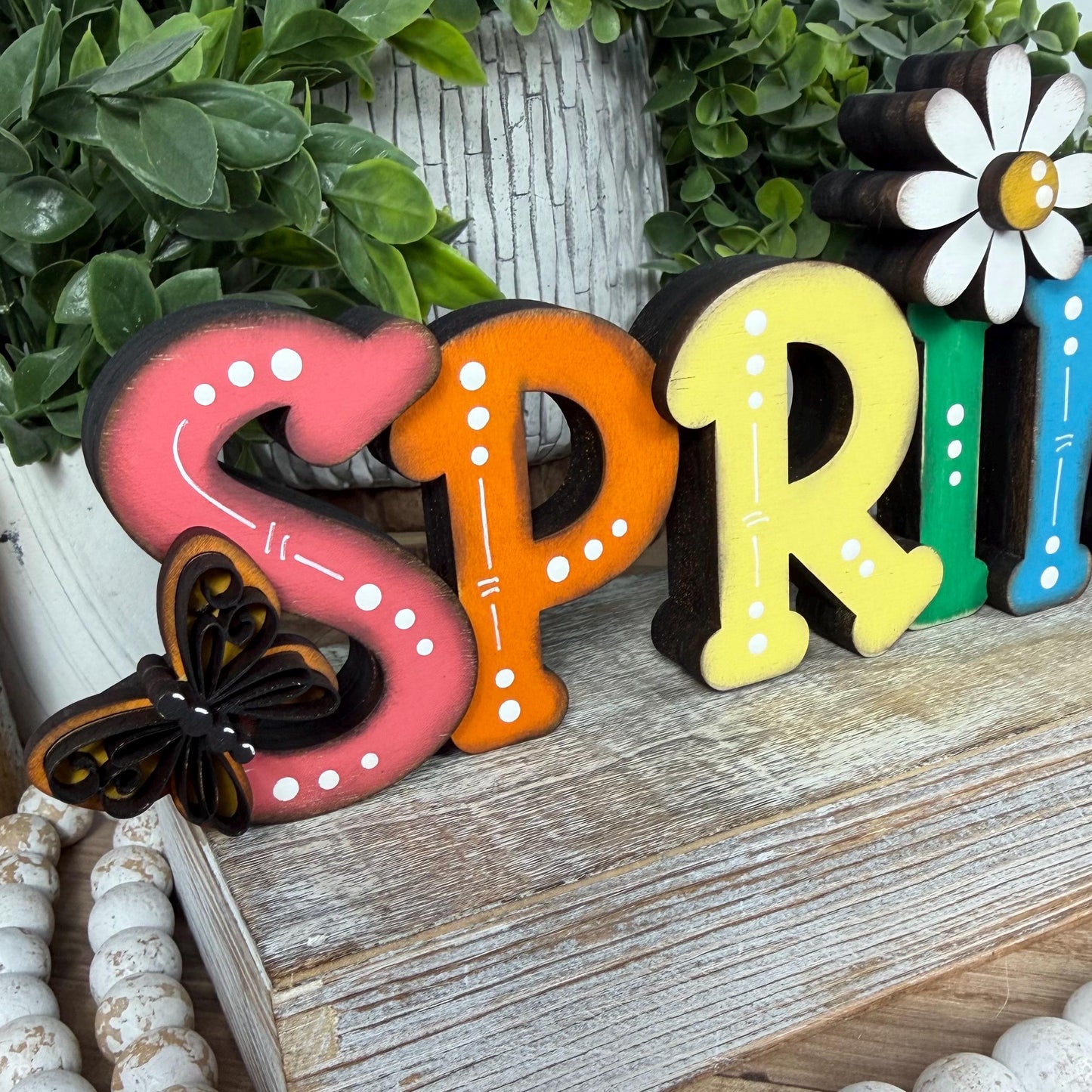 Spring Wooden Shelf Sitter – Hand-Painted Layered Spring Decor