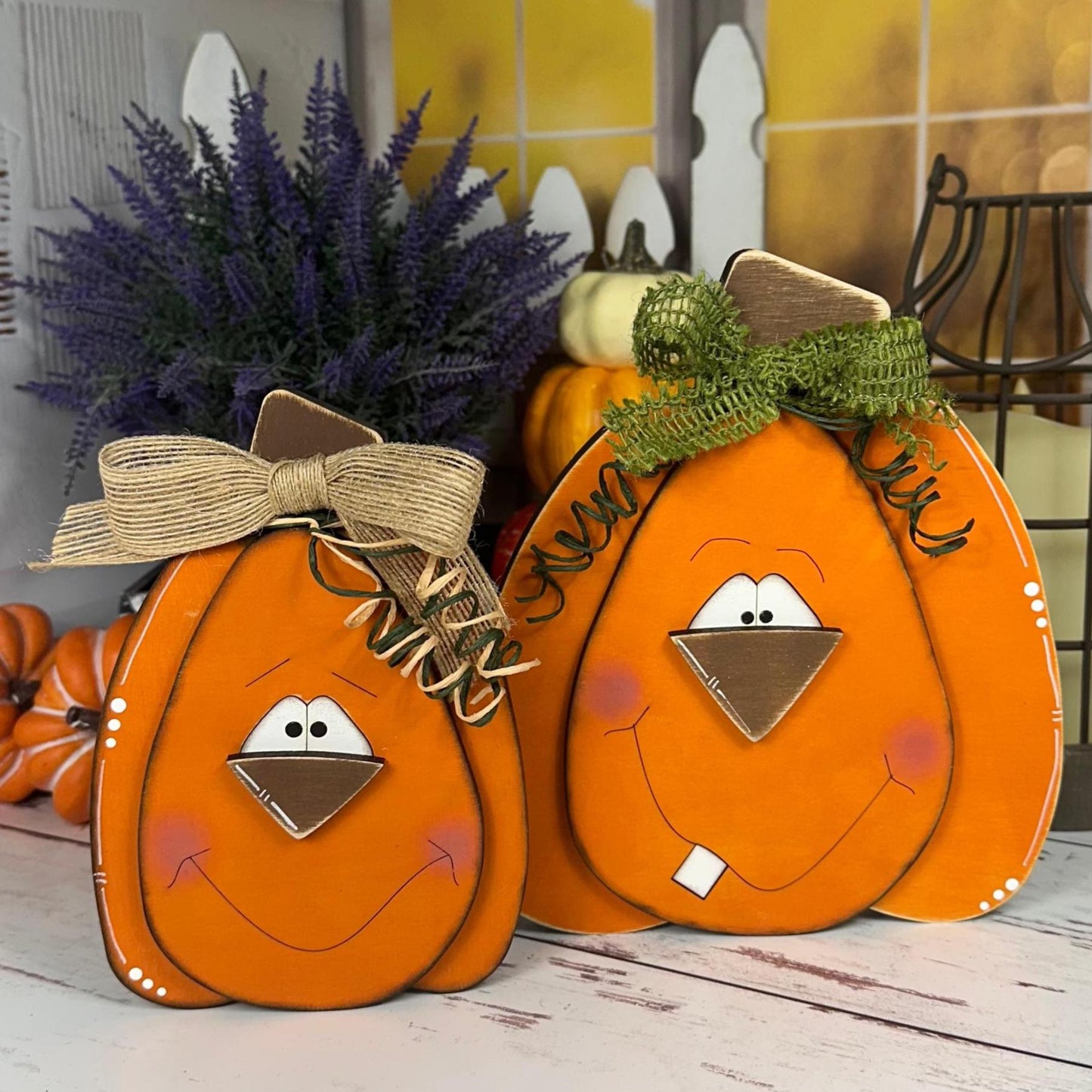 Hand-Painted Wooden Pumpkins with Faces – Rustic Fall Shelf Decor