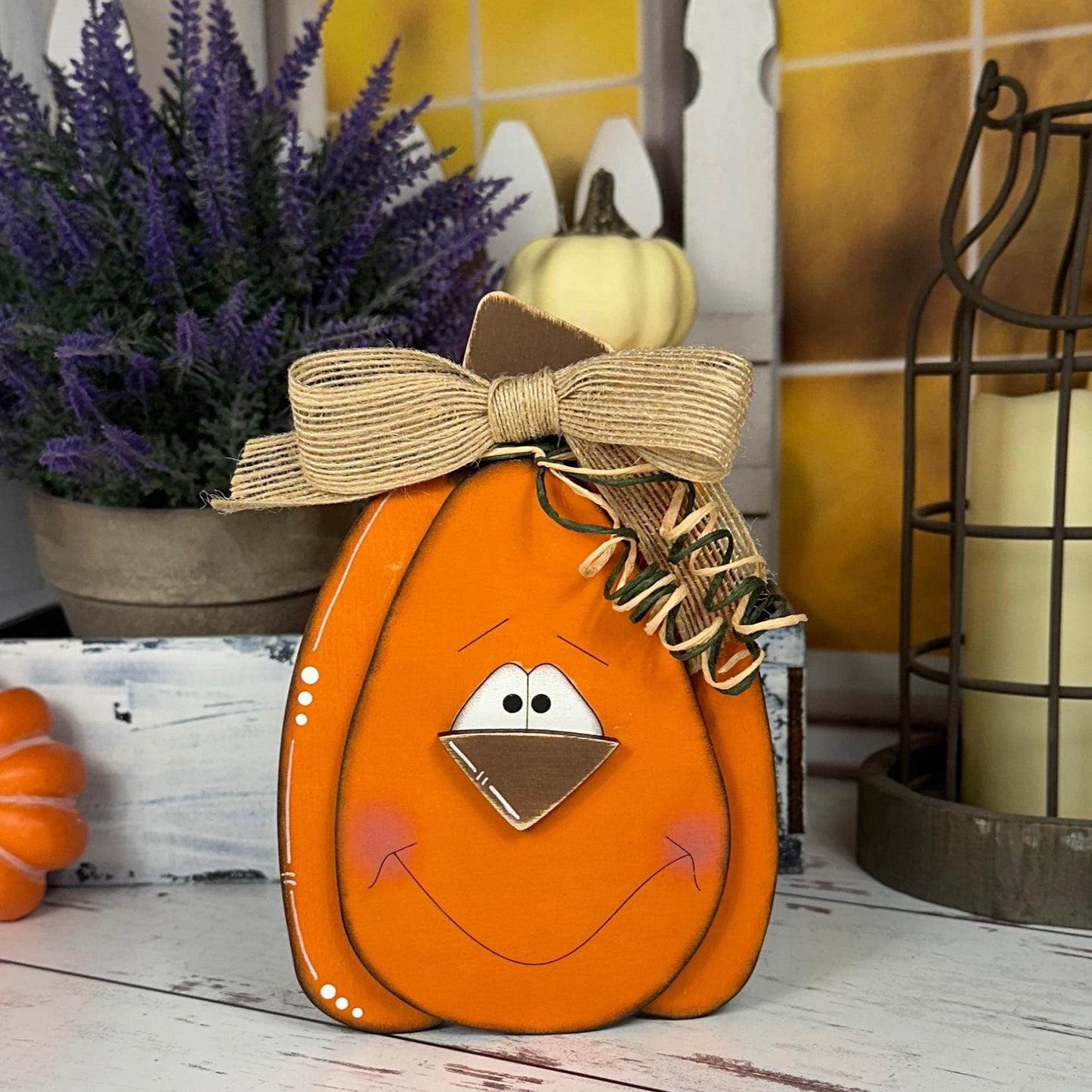Hand-Painted Wooden Pumpkins with Faces – Rustic Fall Shelf Decor