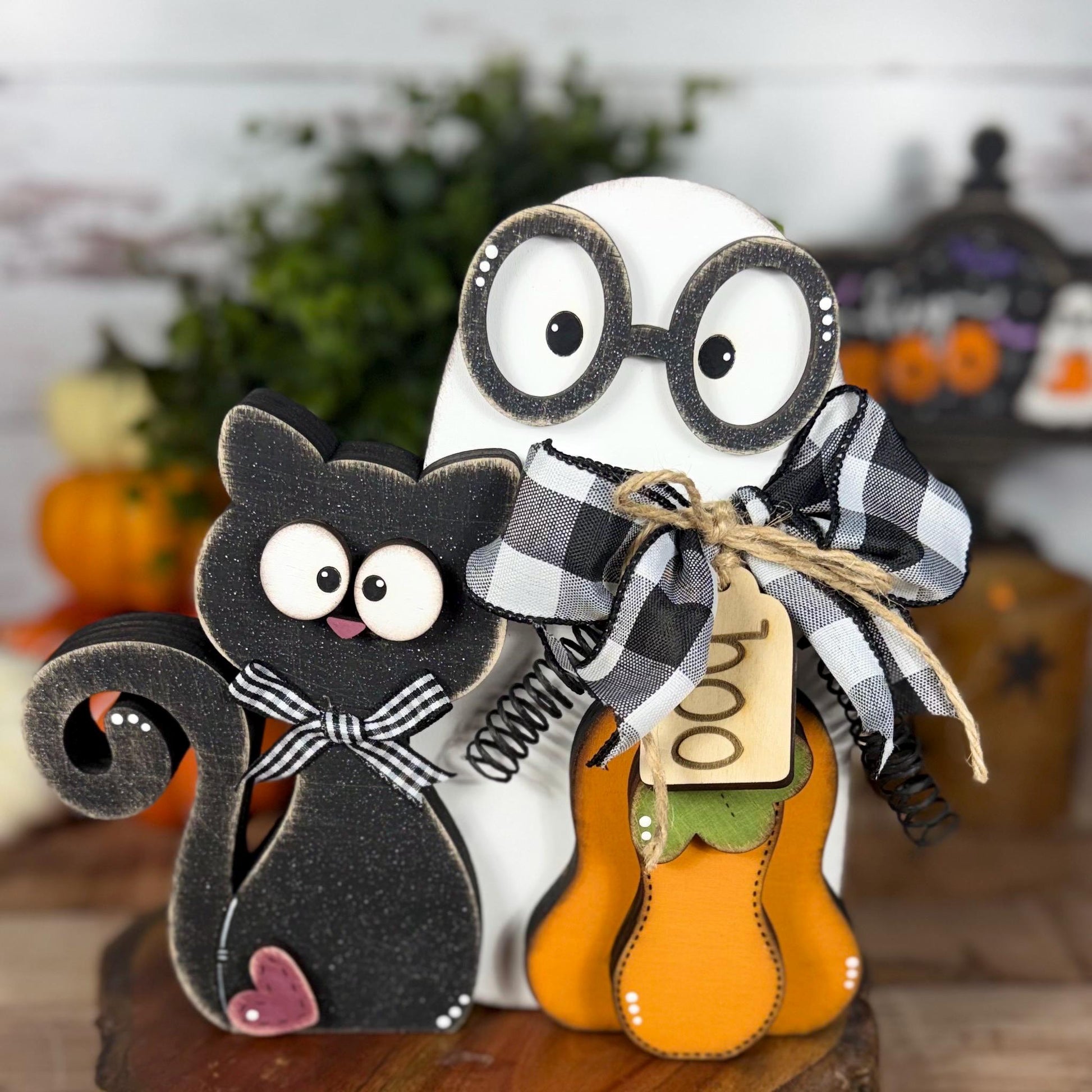 Stitched Boo Shelf Sitter – Black Cat, Ghost & Pumpkin Halloween Decor
