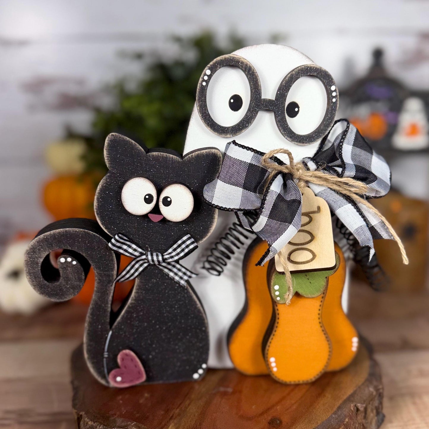 Stitched Boo Shelf Sitter – Black Cat, Ghost & Pumpkin Halloween Decor