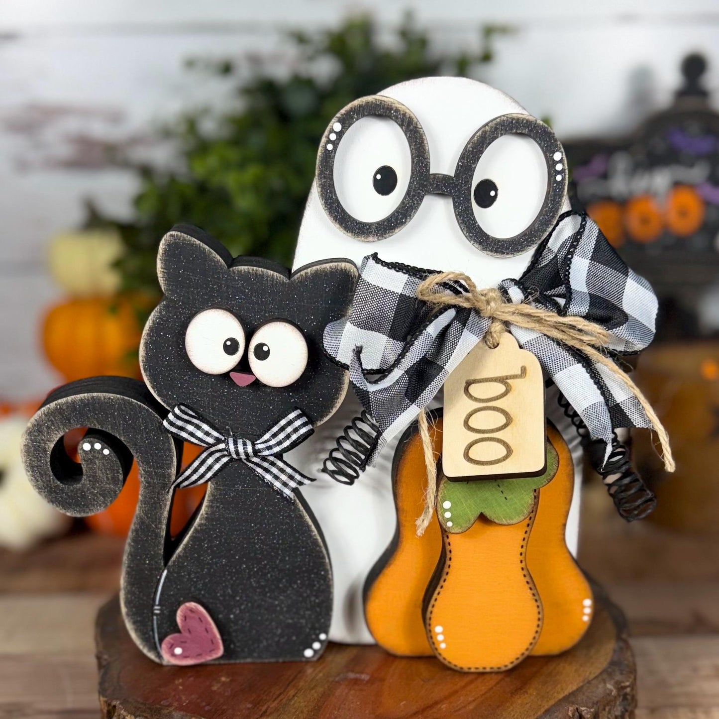 Stitched Boo Shelf Sitter – Black Cat, Ghost & Pumpkin Halloween Decor