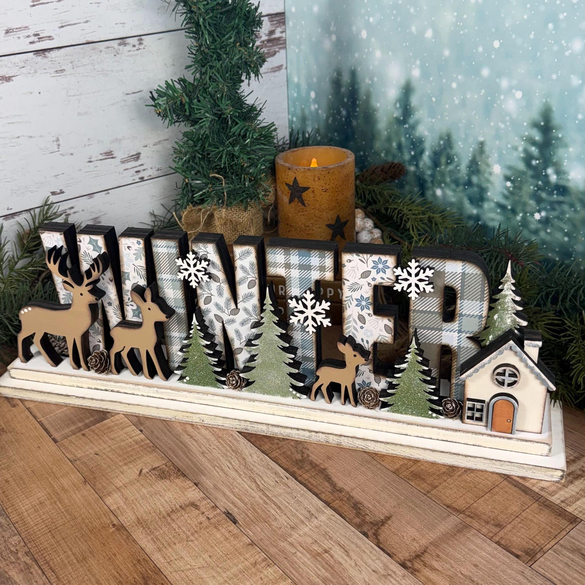 Winter Woodland Decor with Deer & Pine Trees | Rustic Cabin Cottage Mantel Decor