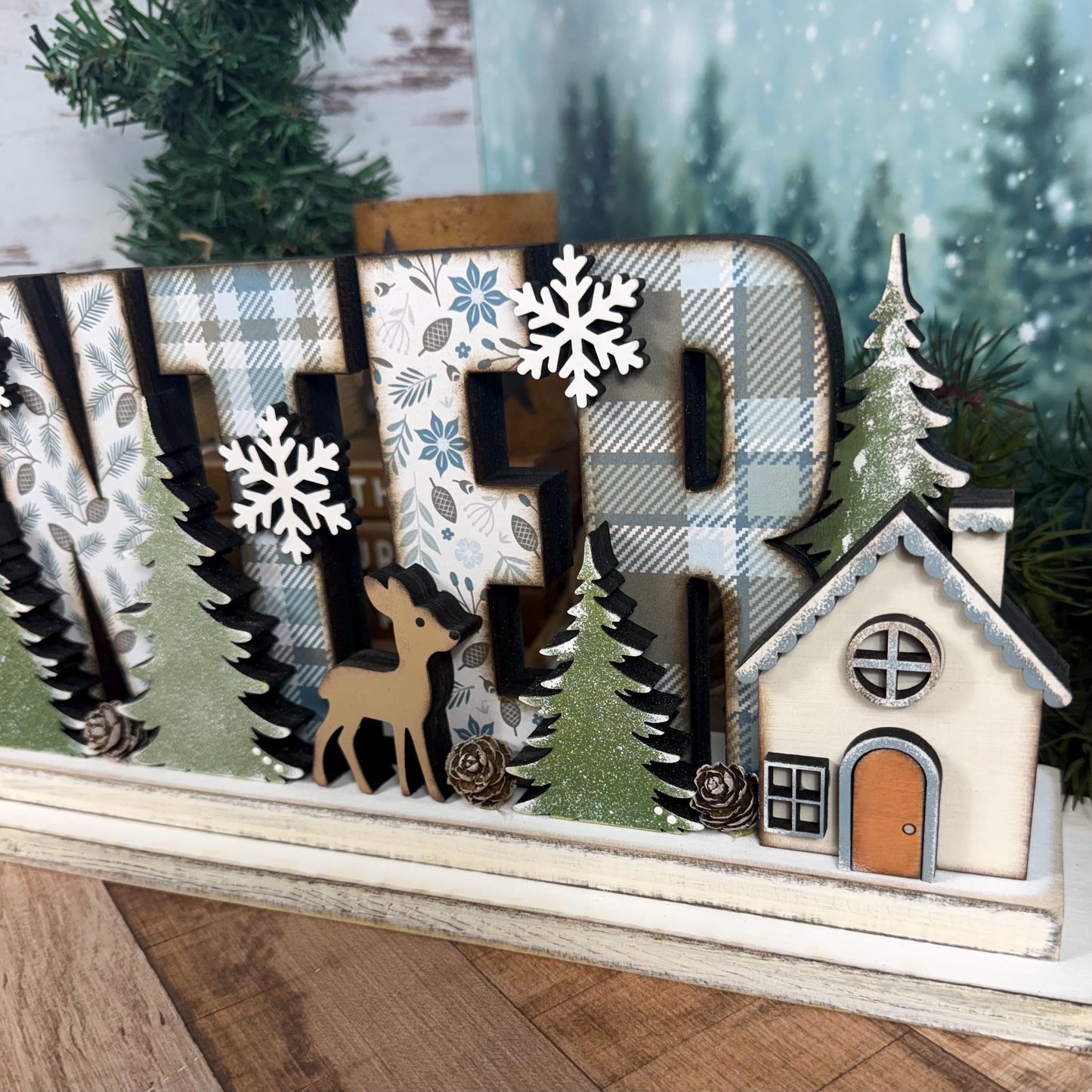 Winter Woodland Decor with Deer & Pine Trees | Rustic Cabin Cottage Mantel Decor