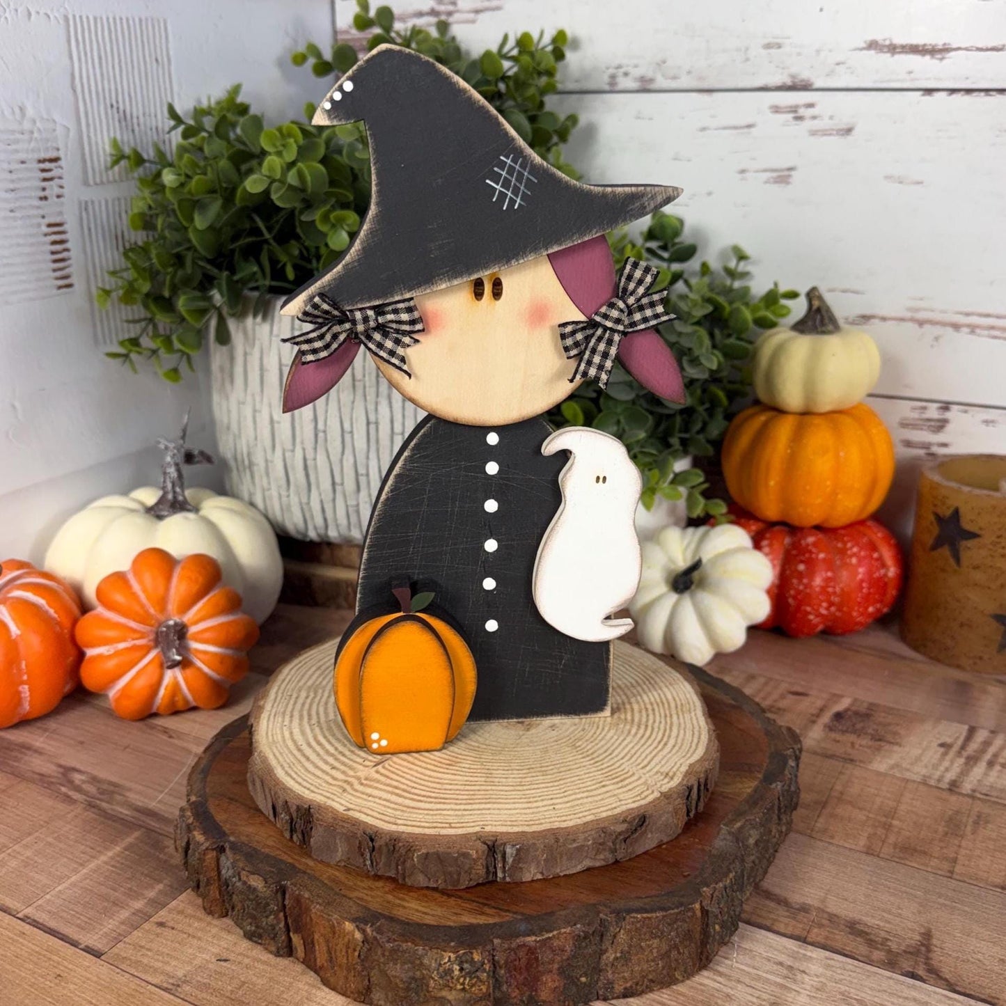 Hand Painted Witch Shelf Sitter, Chunky Wooden Halloween Decor, Rustic Witch Figurine