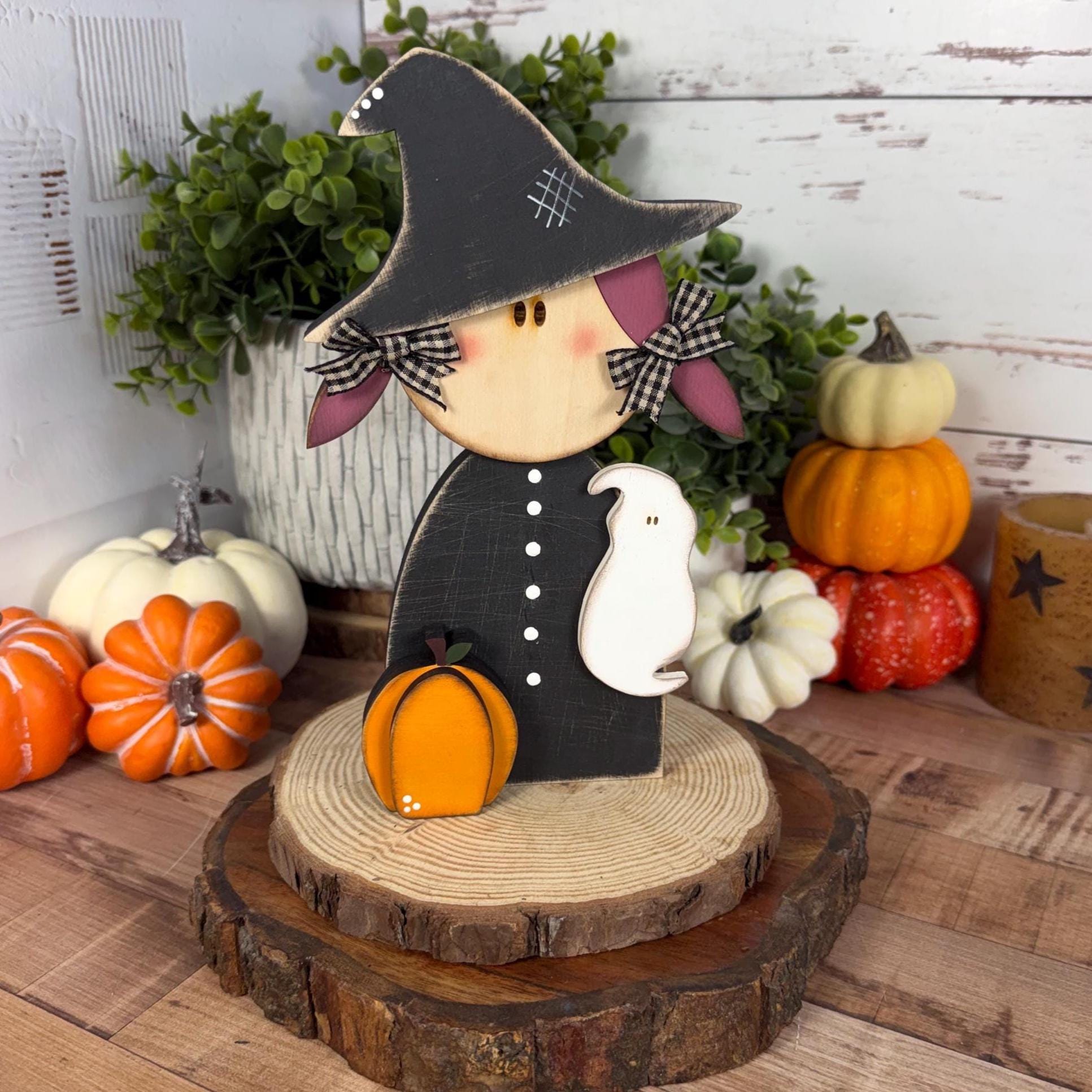 Hand Painted Witch Shelf Sitter, Chunky Wooden Halloween Decor, Rustic Witch Figurine