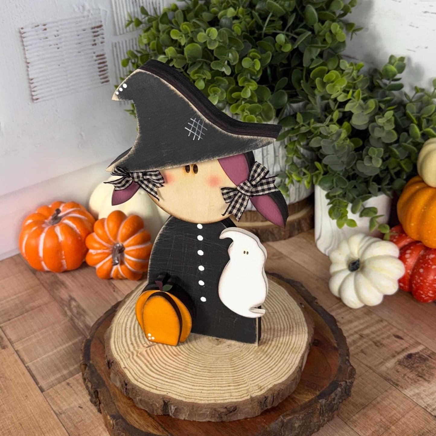 Hand Painted Witch Shelf Sitter, Chunky Wooden Halloween Decor, Rustic Witch Figurine
