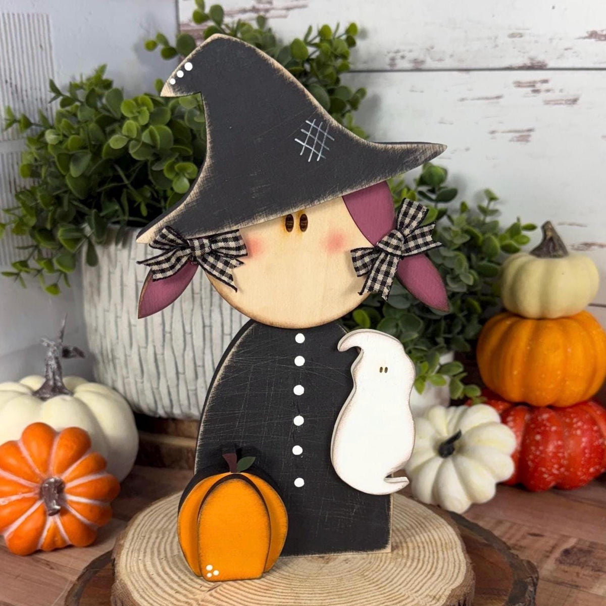 Hand Painted Witch Shelf Sitter, Chunky Wooden Halloween Decor, Rustic Witch Figurine
