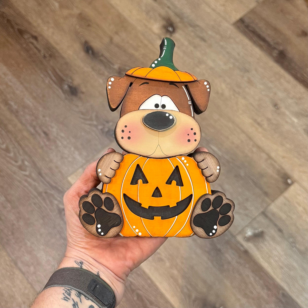 Halloween Dog Shelf Sitter in Pumpkin Costume, Dog Lover Gift