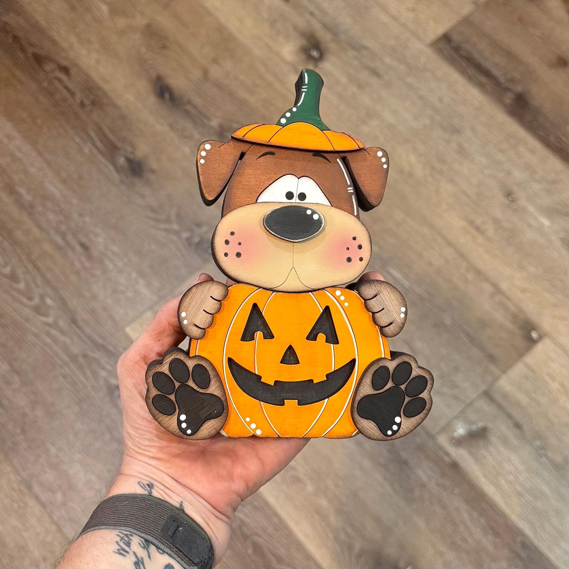 Halloween Dog Shelf Sitter in Pumpkin Costume, Dog Lover Gift