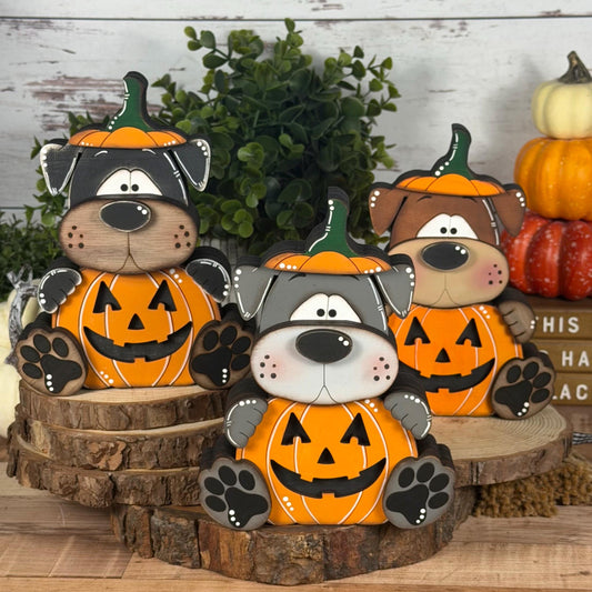 Halloween Dog Shelf Sitter in Pumpkin Costume, Dog Lover Gift
