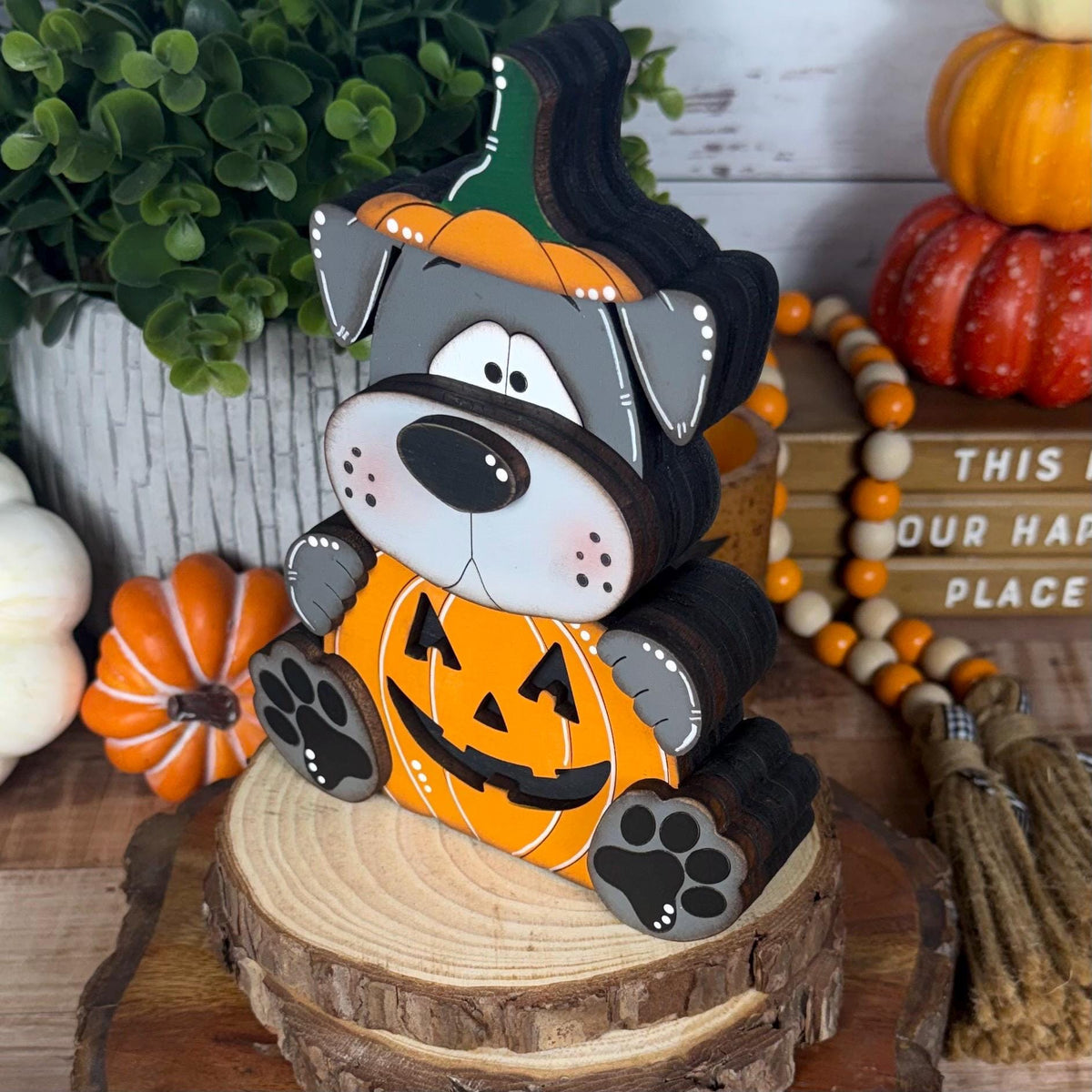 Halloween Dog Shelf Sitter in Pumpkin Costume, Dog Lover Gift