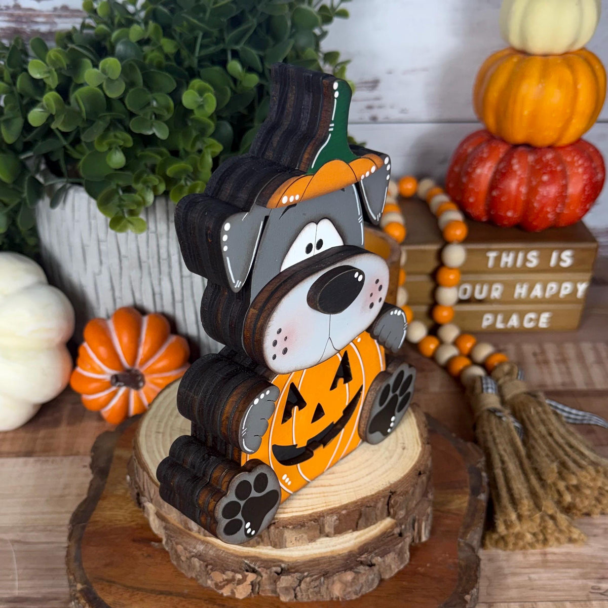 Halloween Dog Shelf Sitter in Pumpkin Costume, Dog Lover Gift
