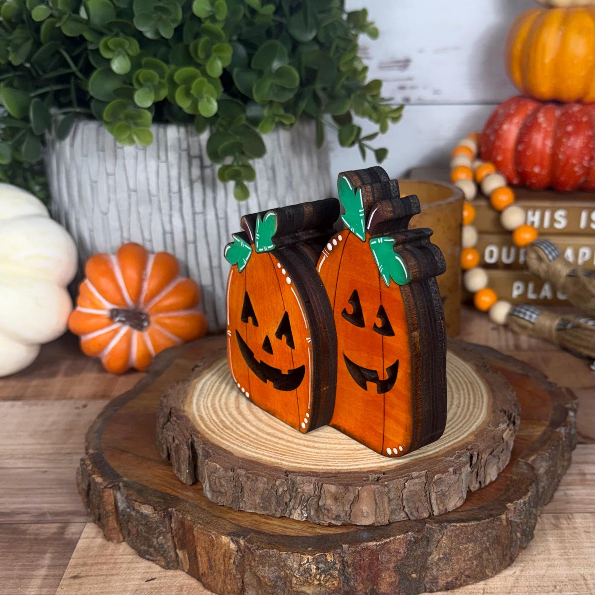 Jack-o’-Lantern Shelf Sitters, Wooden Halloween Pumpkin Decor