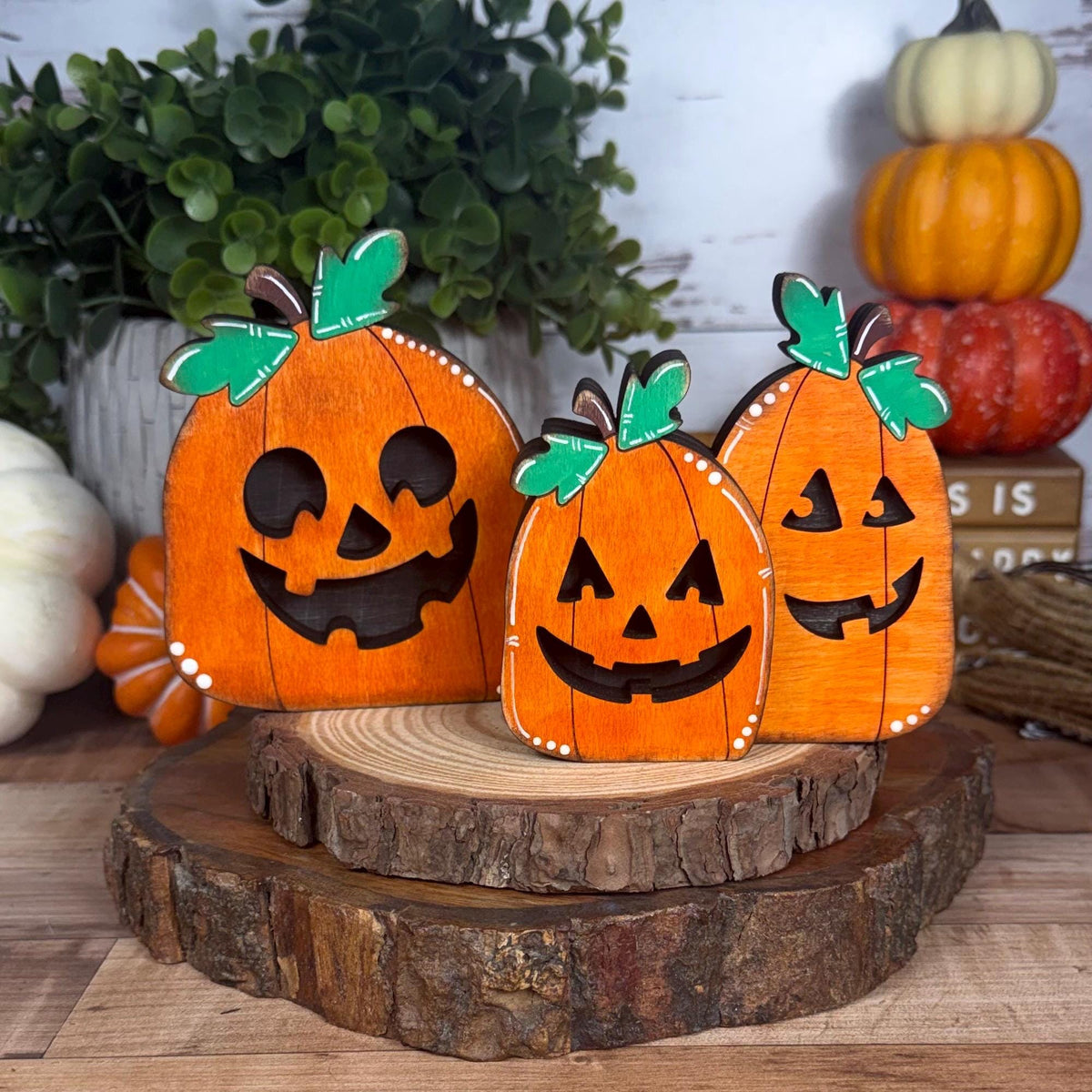 Jack-o’-Lantern Shelf Sitters, Wooden Halloween Pumpkin Decor