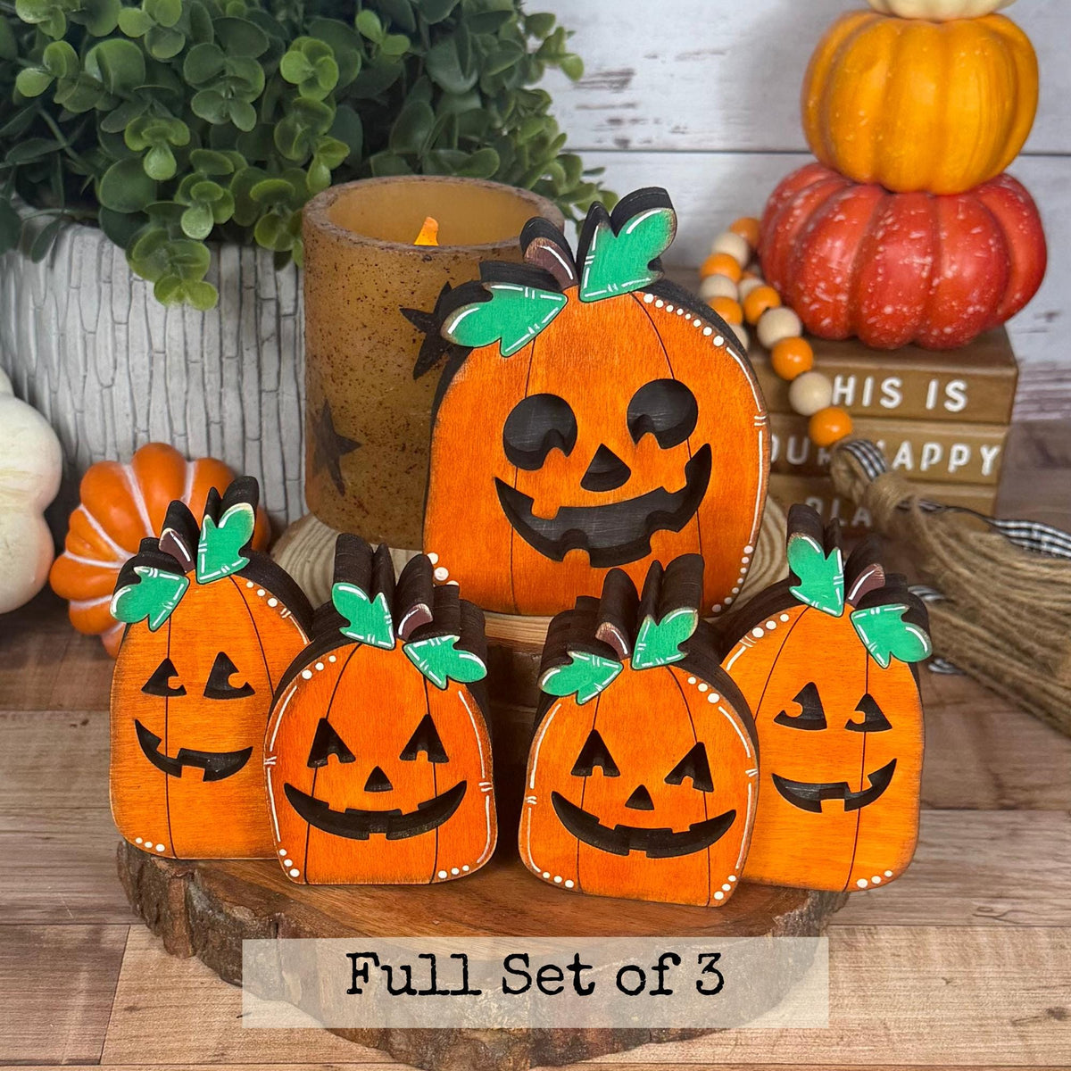 Jack-o’-Lantern Shelf Sitters, Wooden Halloween Pumpkin Decor