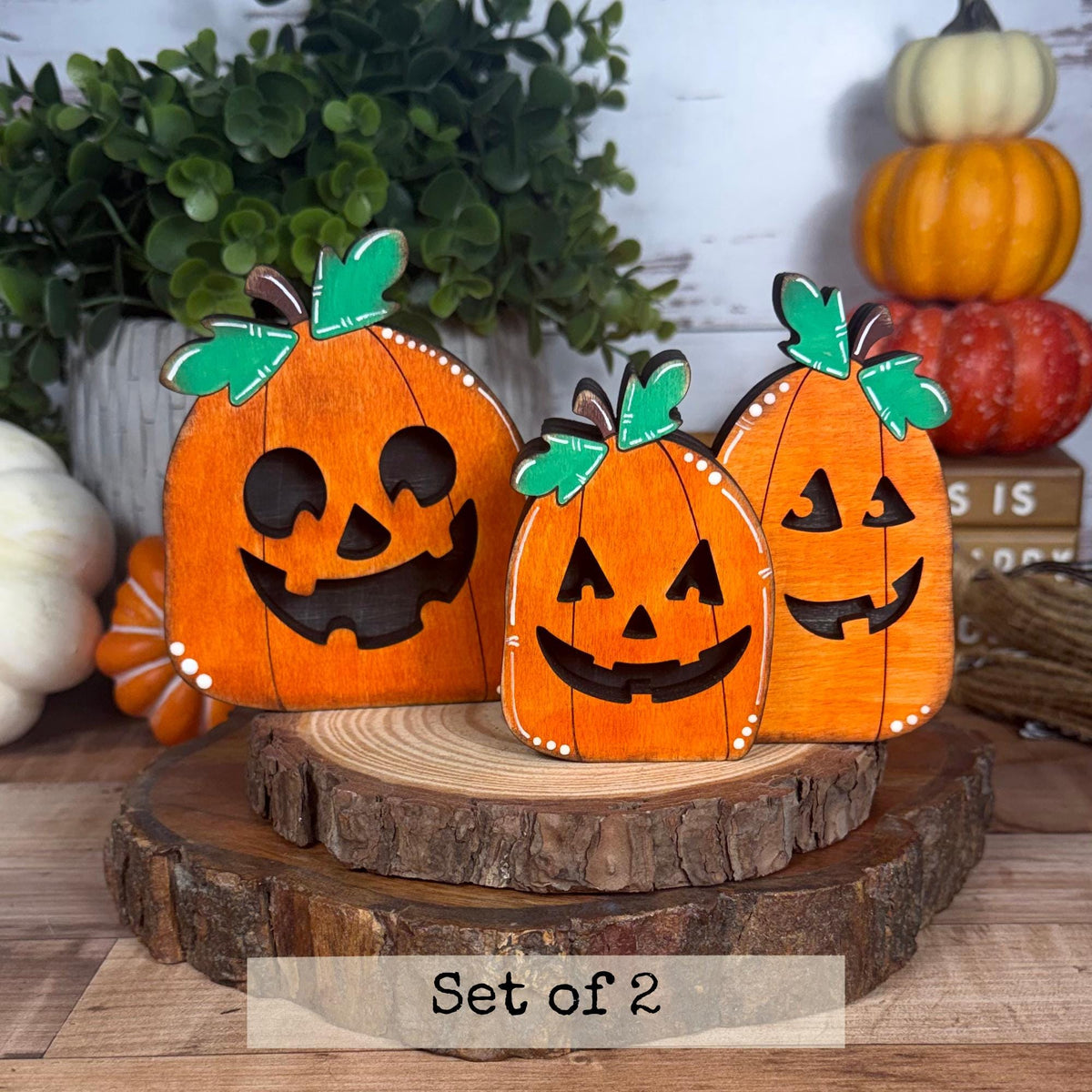 Jack-o’-Lantern Shelf Sitters, Wooden Halloween Pumpkin Decor