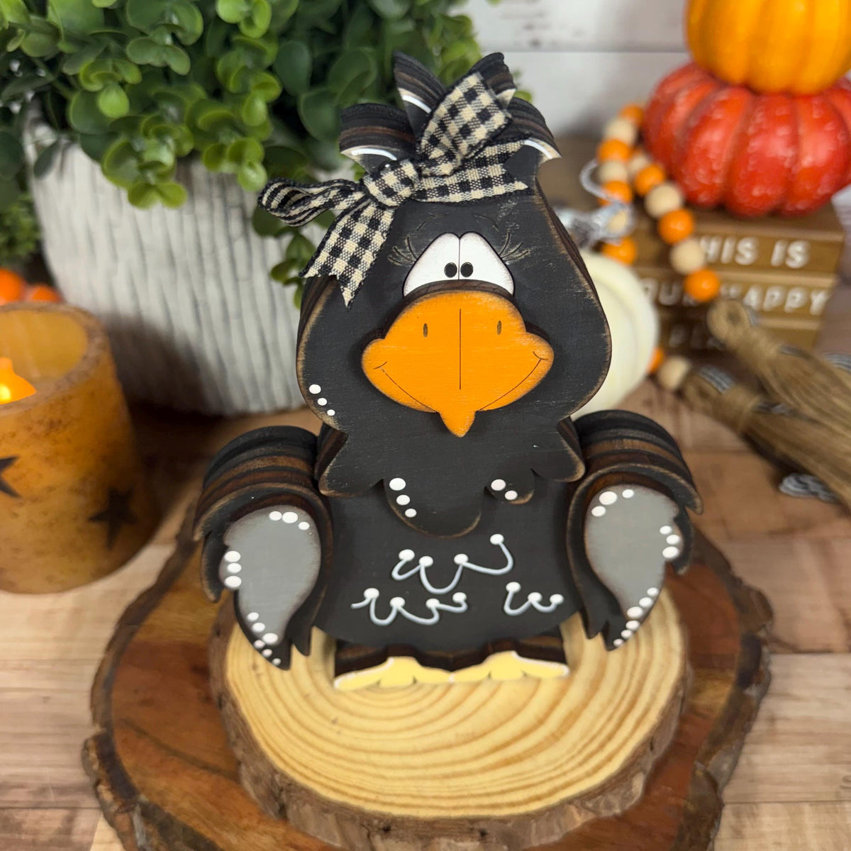 Hand Painted Raven Shelf Sitter, Whimsical Wooden Crow Bird Decor
