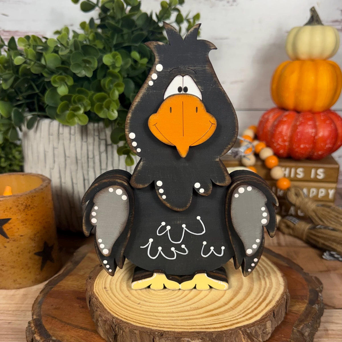 Hand Painted Raven Shelf Sitter, Whimsical Wooden Crow Bird Decor