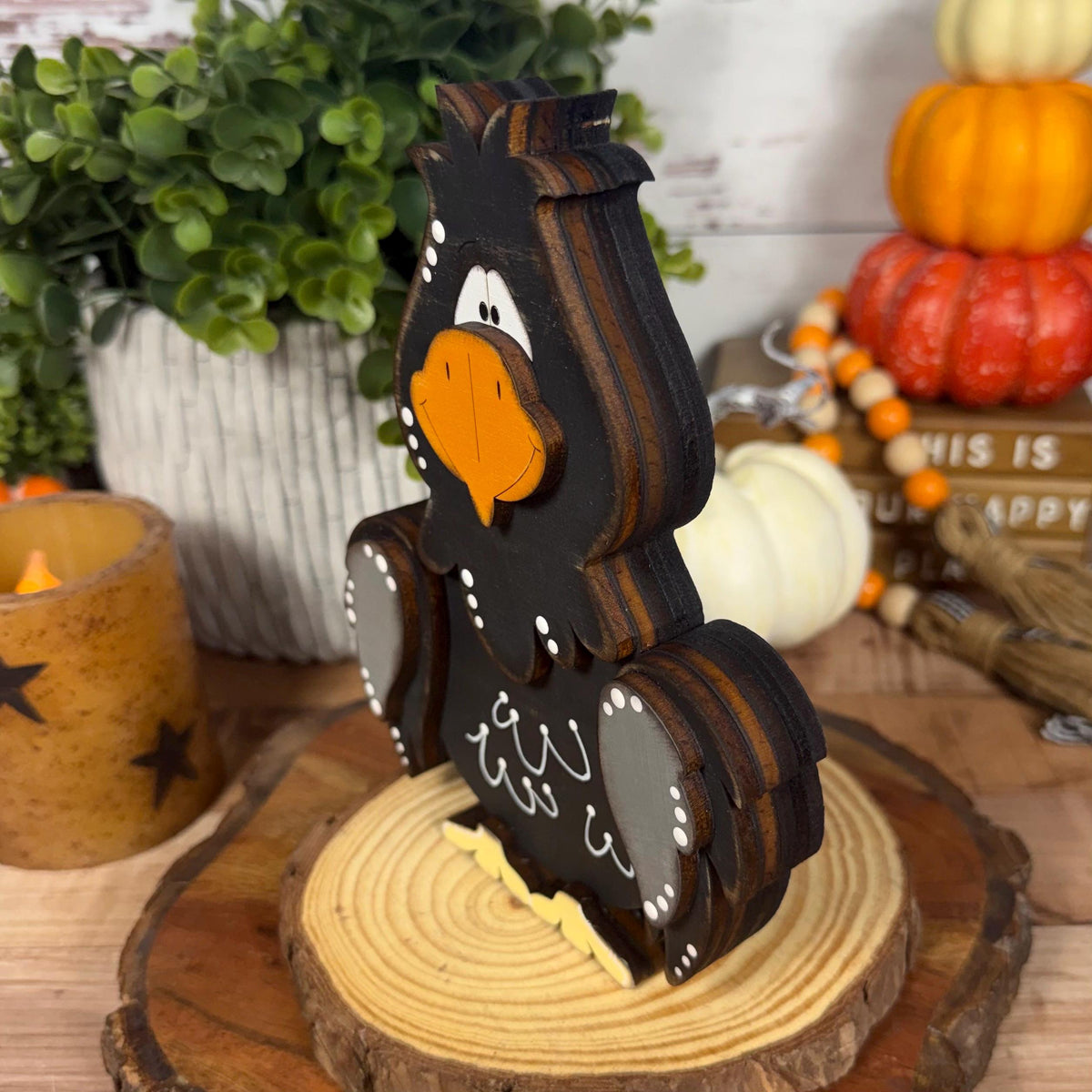 Hand Painted Raven Shelf Sitter, Whimsical Wooden Crow Bird Decor
