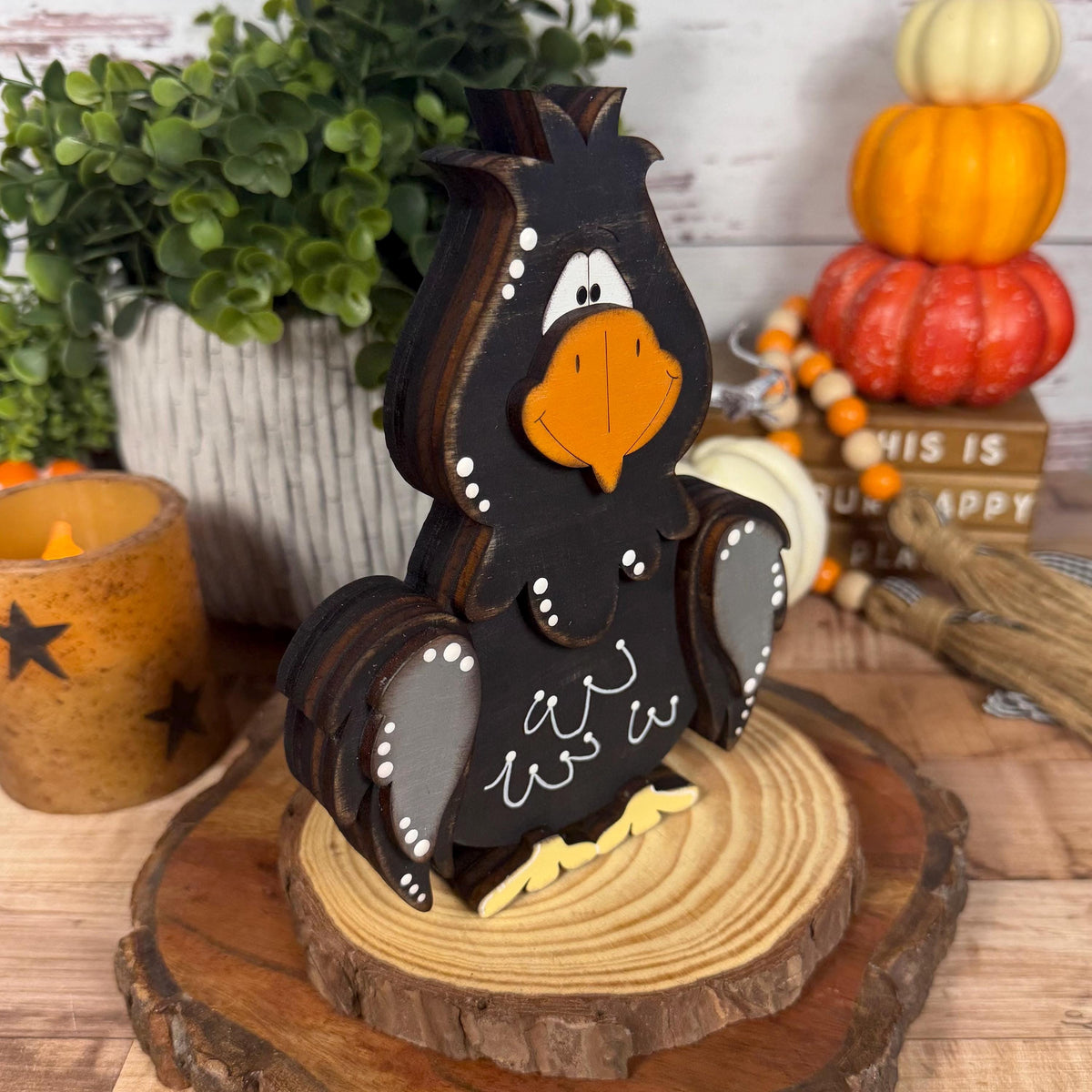 Hand Painted Raven Shelf Sitter, Whimsical Wooden Crow Bird Decor