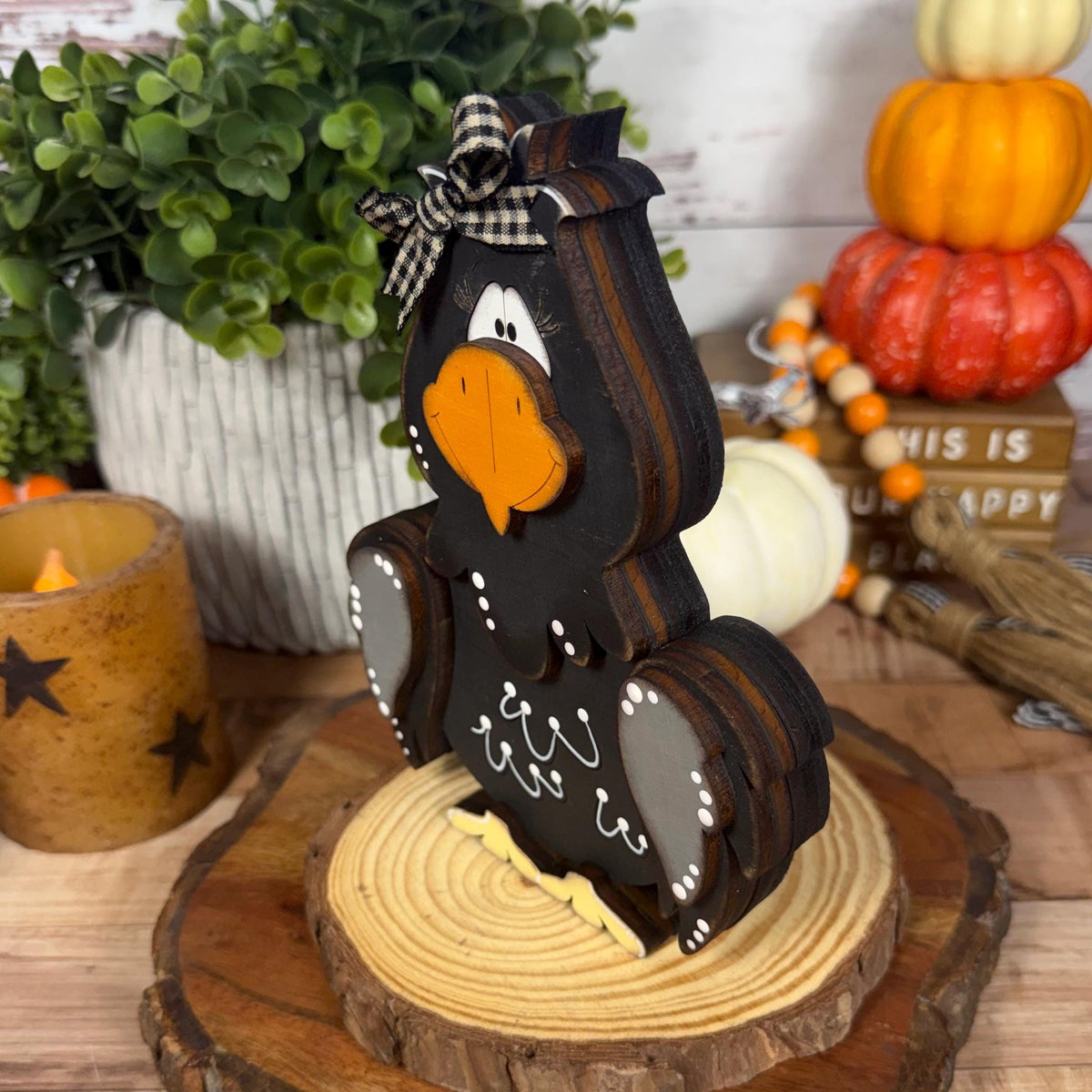 Hand Painted Raven Shelf Sitter, Whimsical Wooden Crow Bird Decor